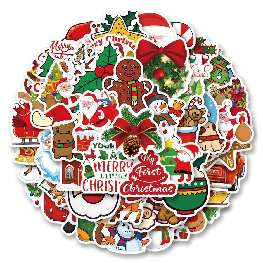 50 pièces Autocollants de Noël, Ornements de Noël, Décorations de Noël, Décorations de Noël d'intérieur, Autocollants de dessin animé pour bouteille d'eau, Hydroflask, guitare, bagage, téléphone, étui, ordinateur portable, planche à roulettes, cadeau