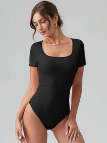 Bodys de mujer OQQ con escote cuadrado, manga corta, fruncido y elástico, ideales para el ocio y los viajes - Negro - Ver 2