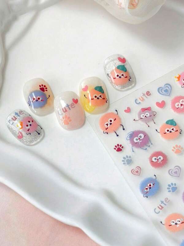 1pc 3D Relief Fluffy Ball Park Nail Art Stickers With Adhesive Backing, Cute Puppy Paw Print