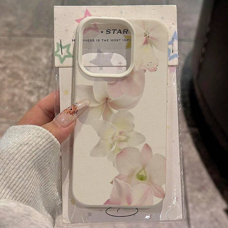 1 pieza Funda de teléfono con patrón de orquídea rosa elegante de material TPU compatible con iPhone/Smartphones - Blanco - Ver 1
