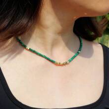 1pc Handmade Boho Malachite Necklace - Natural Stone Beads With Golden Spacers, Deep Green & Golden Bohemian Jewelry For Women, Casual Attire Or Gift, Boho-Chic Multi-Layer Beaded Necklace, Casual Accessory, Vintage Style, Detailed Craftsmanship, Fashion Enthusiasts
