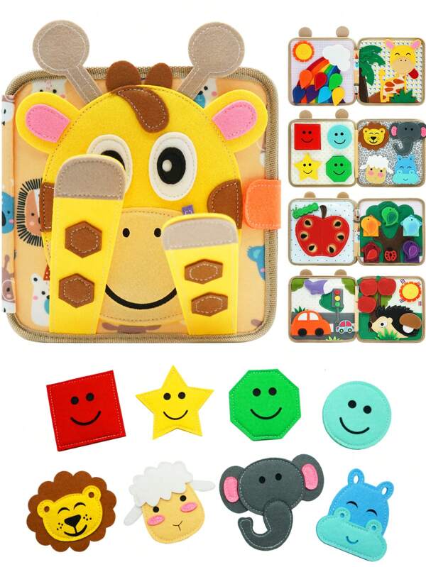Montessori Stilles Buch für Kleinkind ab 18 Monaten, Giraffenfilz beschäftigungsbuch, waschbare Bilderbücher für Vorschulkinder, pädagogisches Lernbrett für Baby Jungen und -mädchen von 2 bis 5 Jahren