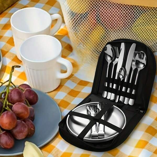 Juego de 21 piezas de vajilla de acero inoxidable para camping - Utensilios portátiles para pícnic al aire libre con platos, tenedores y cucharas para senderismo, excursiones y aventuras de campamento: Cubertería completa + platos en un estuche compacto, de acero inoxidable resistente a la oxidación.