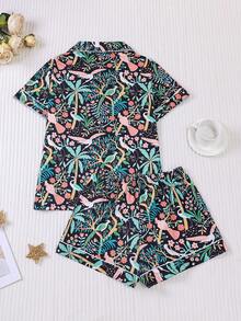 2 件花卉和鸟类印花女士睡衣套装，短袖衬衫，翻领纽扣和宽松松紧腰短裤，适合节日派对、睡衣、休闲户外家居服，撞色饰边设计 - 黑色 - 查看 2