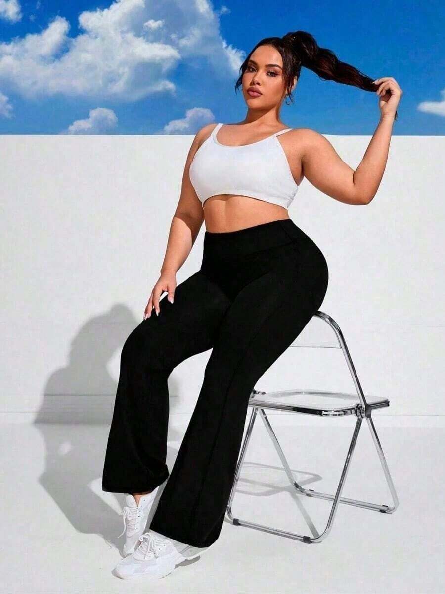 Flare Ballerina Pants Plus Size Thick Fabric High Waist In Suplex Polyester Comfort With Wolfox - Black - View 1