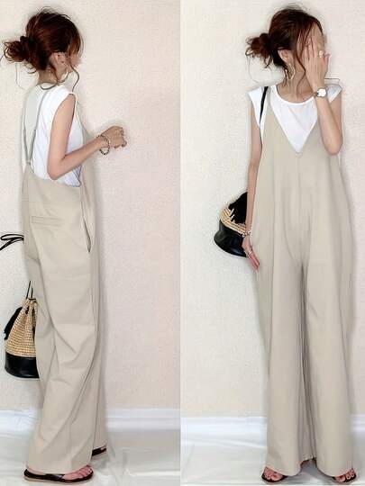 LEBINDY レディース オーバーオール ジャンプスーツ Vネック キャミサロペット オーバーオール オールインワン ワイドパンツ ロングパンツ ガウチョパンツ サロペットパンツ つり パンツ カジュアル 春 夏 秋 ゆったり 体型カバー