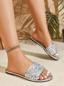 1 Pair Fashionable Minimalist Teenager Slippers, New Style Strap Sandals With Rhinestone Decor, Versatile Casual Open-Toe Slides, Suitable For Beach, Casual Daily Wear