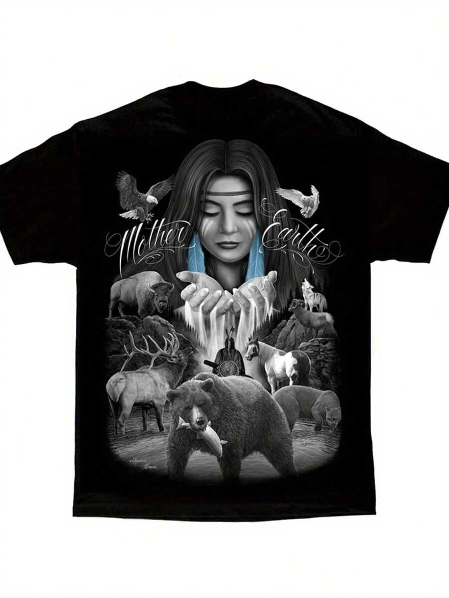 [DGA Native T Shirt] DGA T Shirt, Mother Earth   Moon Wolf Eagle By David Gonzales - 黑色 - 查看 1