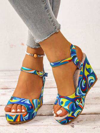 Women's Blue Summer Vacation Style Straw Bottom Platform Wedge Sandals, Retro Buckle Design High Heel, Thick Sole Woven Espadrille Platforms, Bohemian Beach Shoes, Waterproof, Suitable For Ladies Size 35-43