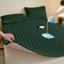 1pc Contoured Grid Quilted Waterproof Mattress Pad (Pillow Case And Pillow Core Not Included), Thin Mattress Topper, Suitable For Single Or Double Bed, Soft & Comfortable Solid Color Bedding Mattress Cover, Wine Red/Dark Green/Black, For Home Bedroom, Hotel, Nursing Home, Waterproof & Leak-Proof - Dark Green - View 2