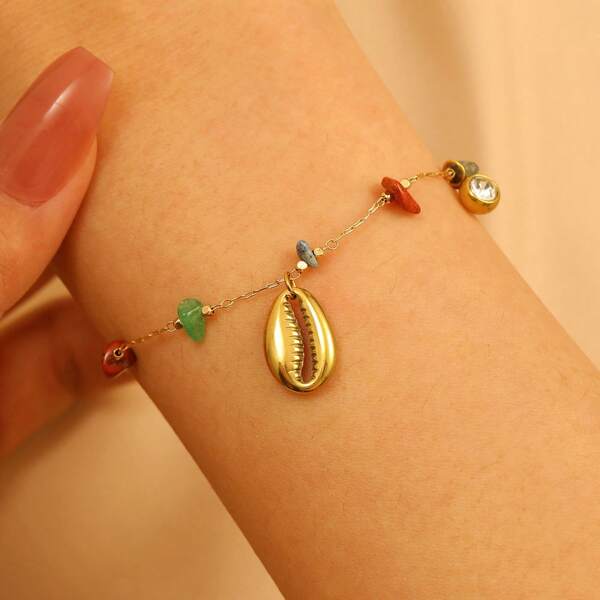 1 Peça Pulseira Elegante de Aço Inoxidável com Concha e Pedra Colorida (Cor da Pedra Aleatória) para Mulheres
