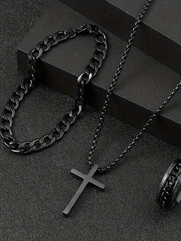 3 Pieces/Set Of Men's Fashionable Alloy Cross Pendant Necklace+Bracelet+Ring Set As A Holiday Gift For Men