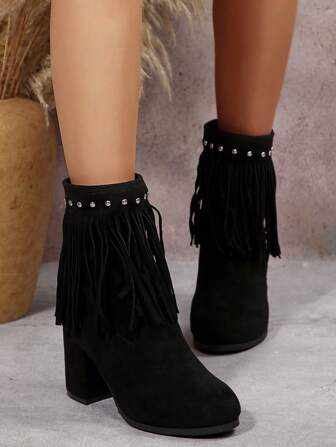 Fall/Winter Retro Fringe High Heel Boots, Women Fashion Rivet Western Thick Heel Round Toe Ankle Boots,Boots For Women
