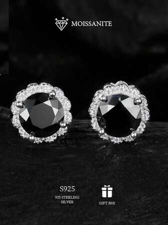 1CT*2 Black Moissanite Stud Earrings For Men And Women, Minimalist Design Suitable For Wedding, Party And Everyday Wear, Great Gift For Boyfriend/Girlfriend