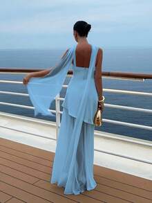 女士夏季雪纺细肩带拼接连衣裙（配腰带，纯色）