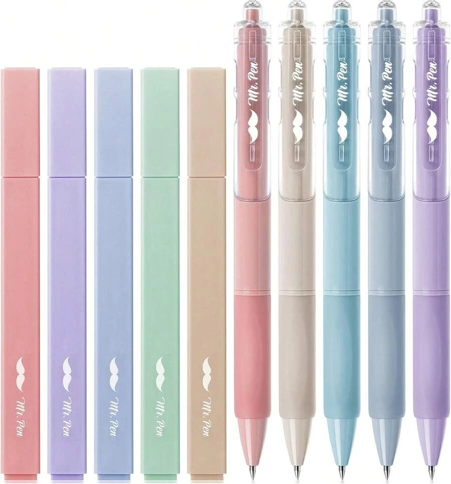 Mr. Pen - Destacadores y bolígrafos de gel estéticos, paquete de 10, destacadores para Biblias en colores pastel que no desbordan, bolígrafos de gel de tinta negra - 1 - Ver 1