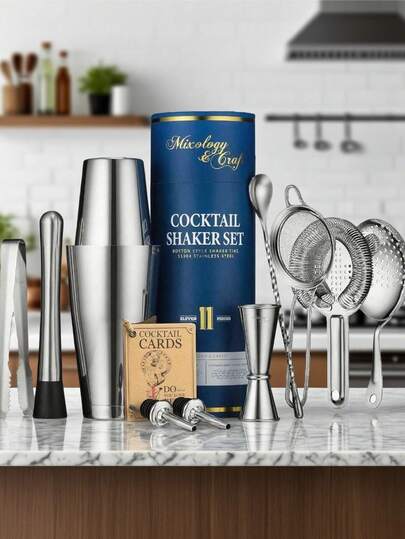 11-Piece Professional Cocktail Shaker Set Silver Bar Kit W/ Weighted Shaker, Strainer, Jigger, Muddler | Home Bartending Tools & Gift Ideas