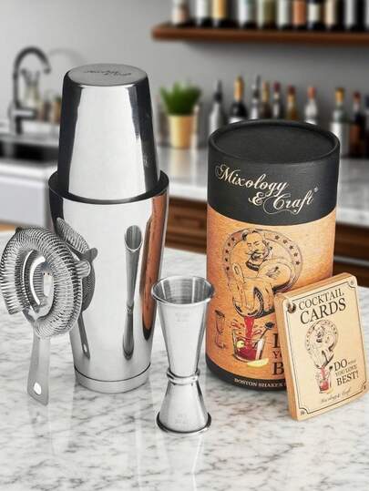 Professional Boston Cocktail Shaker Set - Weighted Martini Shakers, Strainer, Japanese Jigger & Recipe Cards | Portable Silver Bar Kit For Bartending