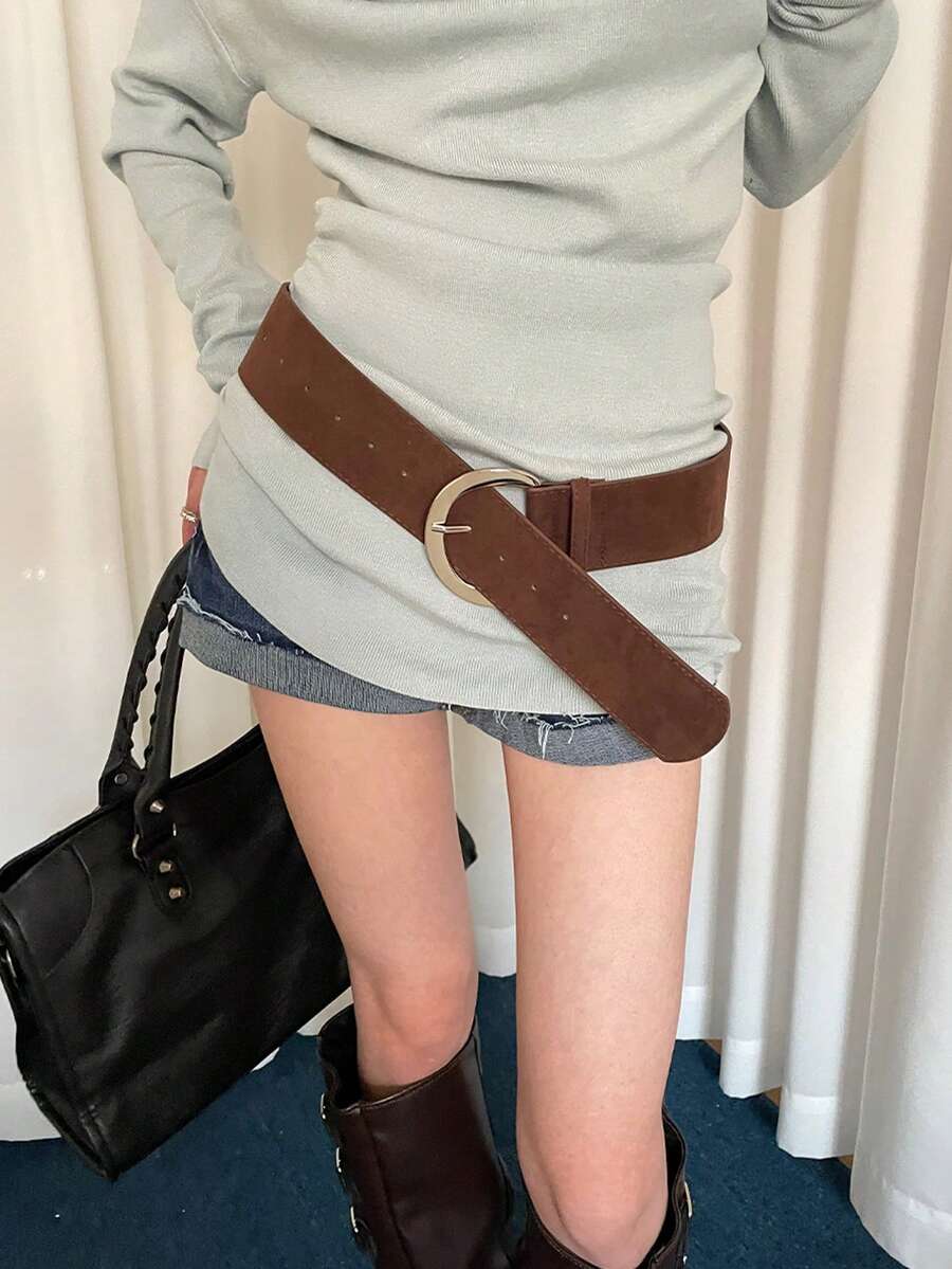 1 chiếc thắt lưng bản rộng màu cà phê chất liệu PU khóa chữ D bằng bạc da lộn cổ điển đa năng cho mùa hè, mùa thu, mùa đông, Halloween - Cà phê - Xem 1