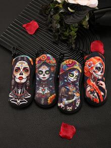 1pc Sugar Horror Skull And Flowers Print Multifunctional Storage Bag Travel Lightweight Portable Zipper Eyeglasses Pouch Soft Spacious Glasses Case For Unisex Eyeglass Frames - Multicolor - View 1