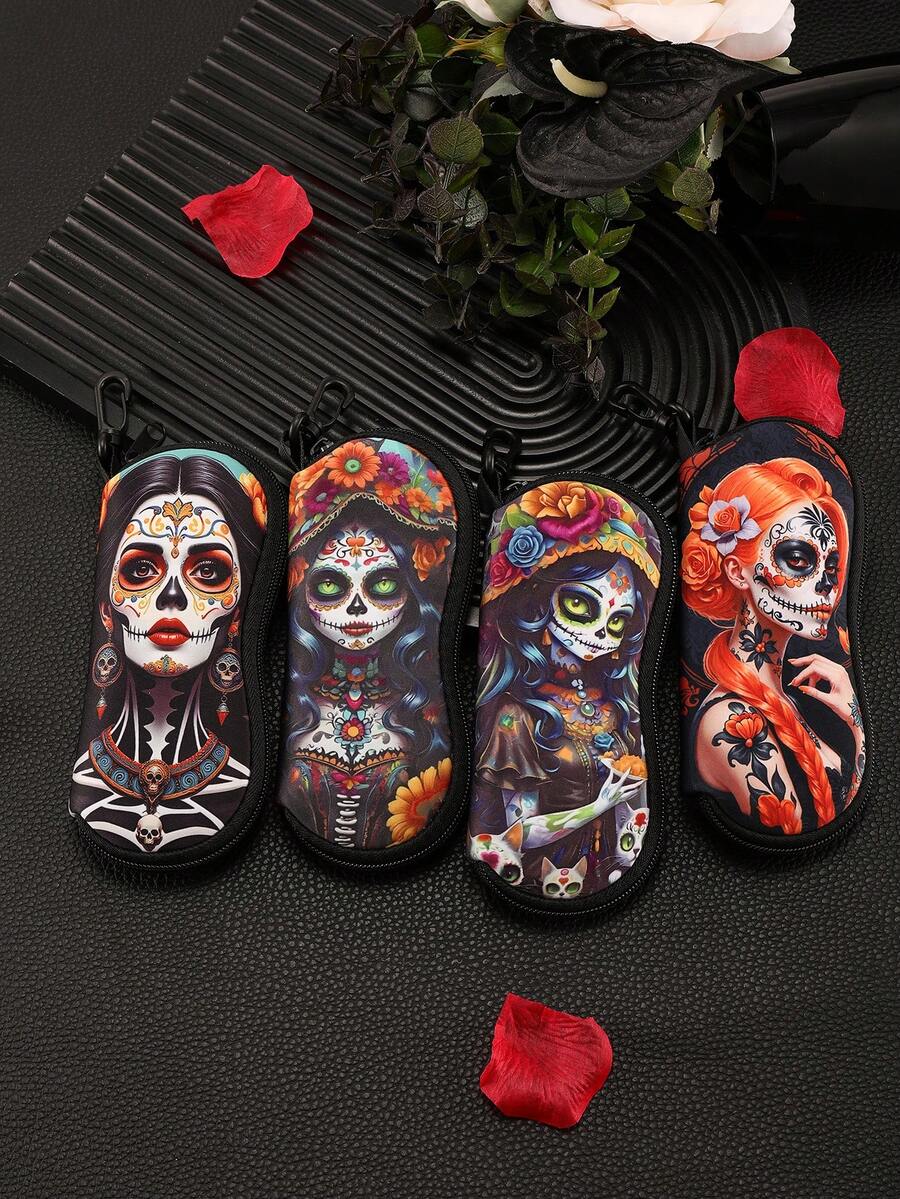 1pc Sugar Horror Skull And Flowers Print Multifunctional Storage Bag Travel Lightweight Portable Zipper Eyeglasses Pouch Soft Spacious Glasses Case For Unisex Eyeglass Frames - Multicolor - View 1