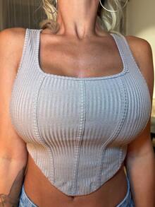 Manon Tanti Summer Solid Asymmetrical Hem Crop Tank Top - Khaki - View 5