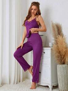 Suede Pajamas With Lace Detail, Comfortable Trousers And Strappy Top - 玫瑰紅 - 查看 5
