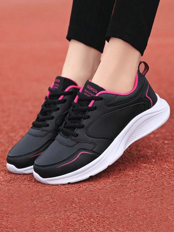 Women's Retro Sporty Shoes, Commuting-Friendly Mesh & Leather Upper, Waterproof, Pink High Heel, Comfortable Lace-Up, Printed, Lightweight, Versatile, Fashionable Casual Sneakers, Pink