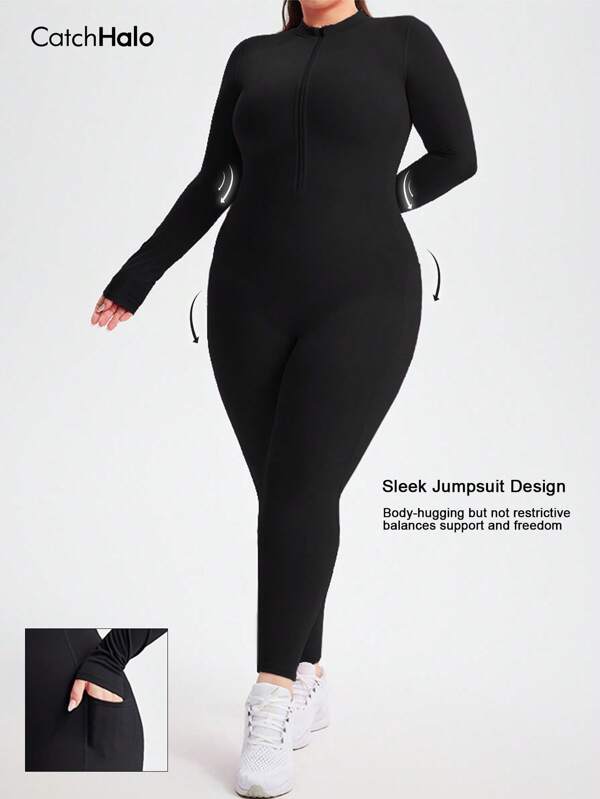 Catch Halo Plus Size Black Yoga Bodysuit For Women With Side Pockets– Tummy Control Workout Jumpsuit, Long Sleeve Full-Length Slimming Yoga Outfit, 4-Way Stretch Seamless Yoga One Piece For Curvy