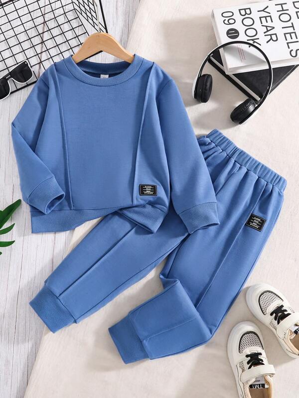 Young Boy Letter Embroidery Crew Neck Sweatshirt And Long Pants Set