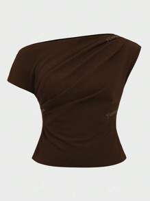 Plus Size Elegant Basic Casual Unique Gorgeous Asymmetrical Neck Crop Top, Fitted Short Sexy Shoulder Revealing Top For Women