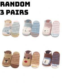 3 Pairs Random Cute Animal Design Soft & Skin-Friendly Non-Slip Grip Floor Socks With 3D Ear For Toddlers, Autumn & Winter, For Christmas