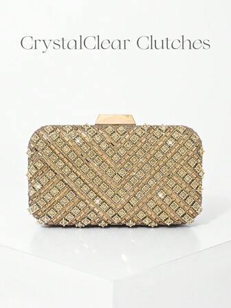 1 件香槟色优雅小手提包，正式手拿包，带水钻装饰钻石图案设计，时尚派对婚礼腕带钱包，适合女士正式活动、婚礼、鸡尾酒会