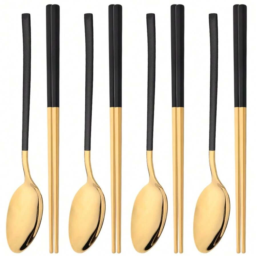 8件套不锈钢餐具套装，筷子和主勺套装，镜面寿司筷子和勺子，适用于家庭、厨房、餐厅、派对、户外旅行、学校用品