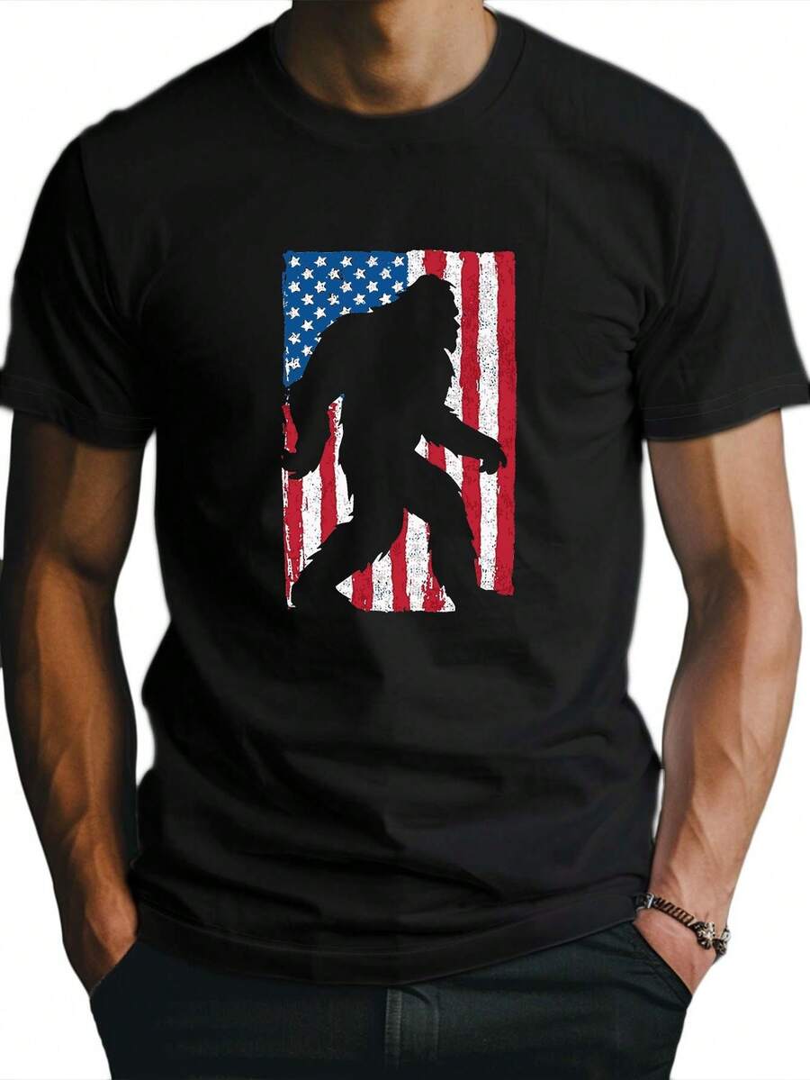 Men's Fitted T-Shirt With American Flag, Sweat-Wicking And Freedom Of Movement, Long-Sleeved Gym T-Shirt, Shark Jackets Men's Sportswear, Men's Sweatshirt, Men's Jacket - 黑色 - 查看 1