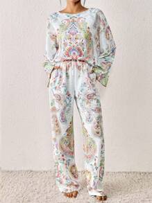 Conjunto de salón mujer estilo bohemio con estampado de cachemir transparente, top de manga larga y pantalones anchos con bolsillo, conjunto de dos piezas para el otoño