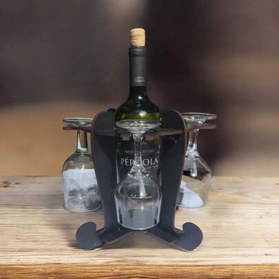 Adega de Vinhos Preta com Suporte para 4 Taças Elegância Praticidade Bancada Mesa Mdf