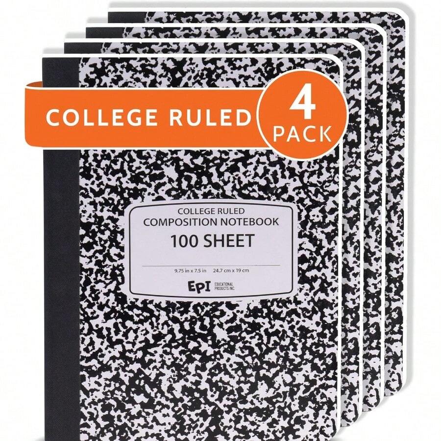 YQQ Marble Hardcover College Ruled Composition YQQ  200 Pages 100 Sheets 9.75 X 7.5 In Sturdy Sewn Binding School Office Journaling Notes 4 Pack
