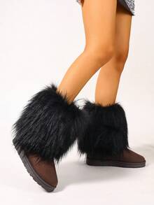 Women Faux Fur Boots, Solid Color Cute Y2K Fabric Faux Fur Patchwork Girl Fashion Boots For Holiday, Party, Outdoor Wear, Spring Autumn Winter