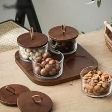 1件套豪华甜品碗配红木托盘，家用水果盘，小吃托盘，客厅隔间果盘，茶室玻璃碗甜点，红木托盘，礼物 - 金色 - 查看 11