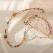 1pc Beach Style Natural Stone Beaded Necklace, Suitable For Women Vacation & Daily Wear
