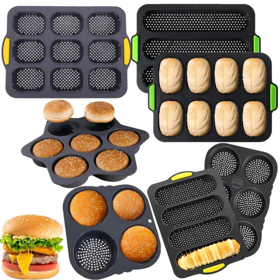 Molde para pan de hamburguesa, antiadherente, de silicona de grado alimenticio, molde para pan de molde, molde para baguette, formas para hornear pan francés, bandeja para panecillos de hamburguesa - 3 tazas ovaladas - Ver 1