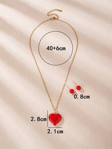 1pc Classic Fashionable Timeless Red Heart Shape Necklace Set - Red - View 4
