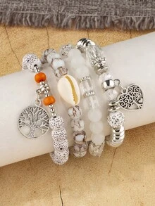 4pcs Boho Chic Vintage Romantic Heart Engraved Bracelet, Suitable For Women Daily Wear - Beige - View 7