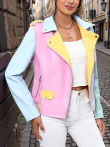 Risissida Women's Fall And Winter Color Block PU Biker Jacket – Versatile Commuting & Casual Coat With Zippered Pockets