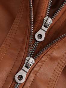 Women's Hooded Faux Leather Jacket With Detachable Hood - Camel - View 7