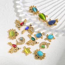 1 Pc 304 Stainless Steel 18k Gold-Plated Pendant With Natural Stone Fish, Moon, Crab, Turtle And Bird, Women's Stainless Steel Jewellery Accessories DIY Pendant