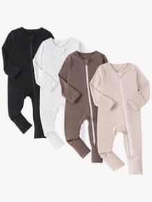 JUNBLEBABY 4pcs  Bamboo Fiber Ribbed Zipper Jumpsuit, Soft, Breathable, Skin-Friendly, High Elasticity, Solid Color Combination, Long Sleeve Bodysuit And Long Pants With Double-Headed Zipper (With Removable Sleeve And Foot Covers) - 彩色 - 查看 2