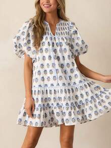 Women V Neck Floral Print Short Dress Summer Slim Fit Short Sleeve Y2K Striped Casual A Line Dresses With Pockets Aesthetic Clothes Beach Streetwear - 藍色 - 查看 4