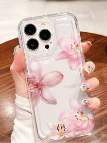 1pc Pink Lily Flower & Letter Transparent Air Cushion Anti-Drop Phone Case, TPU Material, Suitable As Holiday Gift Compatible With Apple Phones XS/XS Max/XR/11 12 13 14 15 16 Pro/Pro Max/14 15 16 Plus And Series Waterproof Shockproof Scratch Resistant - Multicolor - View 1